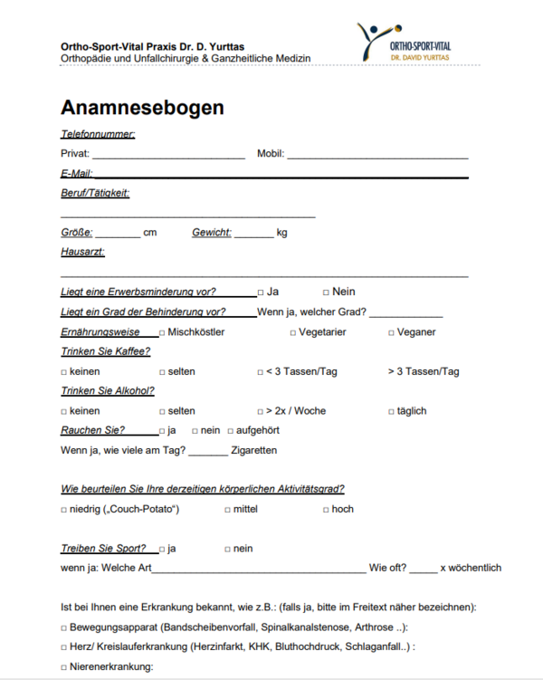 Orthopödie Ortho-Sport-Vital Dr. Yurttas: Anamnesebogen zum Download